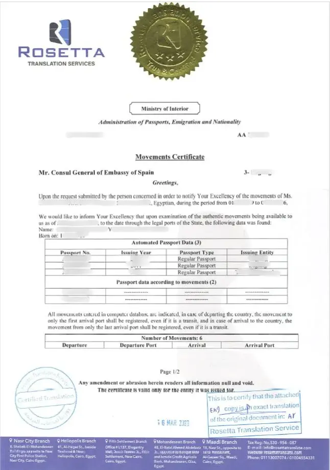 ترجمة شهادة التحركات